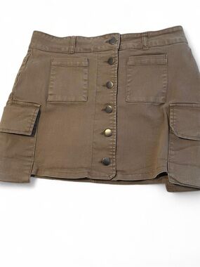 Button-Front Mini Skirt in Olive Brown